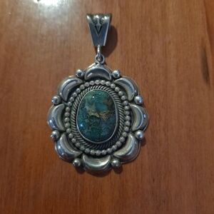Sterling Silver Navajo Pendant Rare Gem Grade Nevada Variscite Signed Ned Nez
